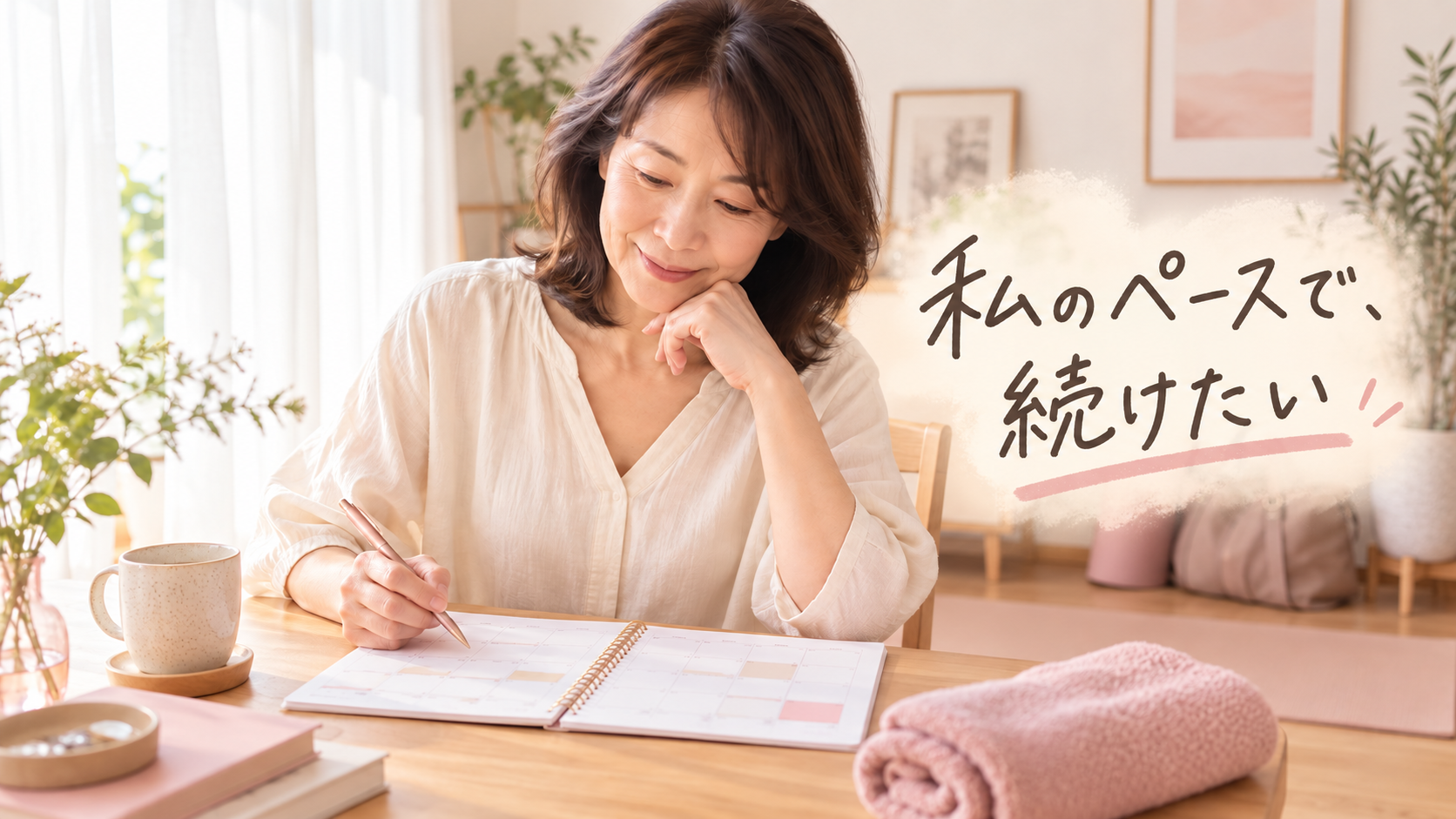 私のペースで、続けたい。手帳を見ながら予定を考える女性のイメージ