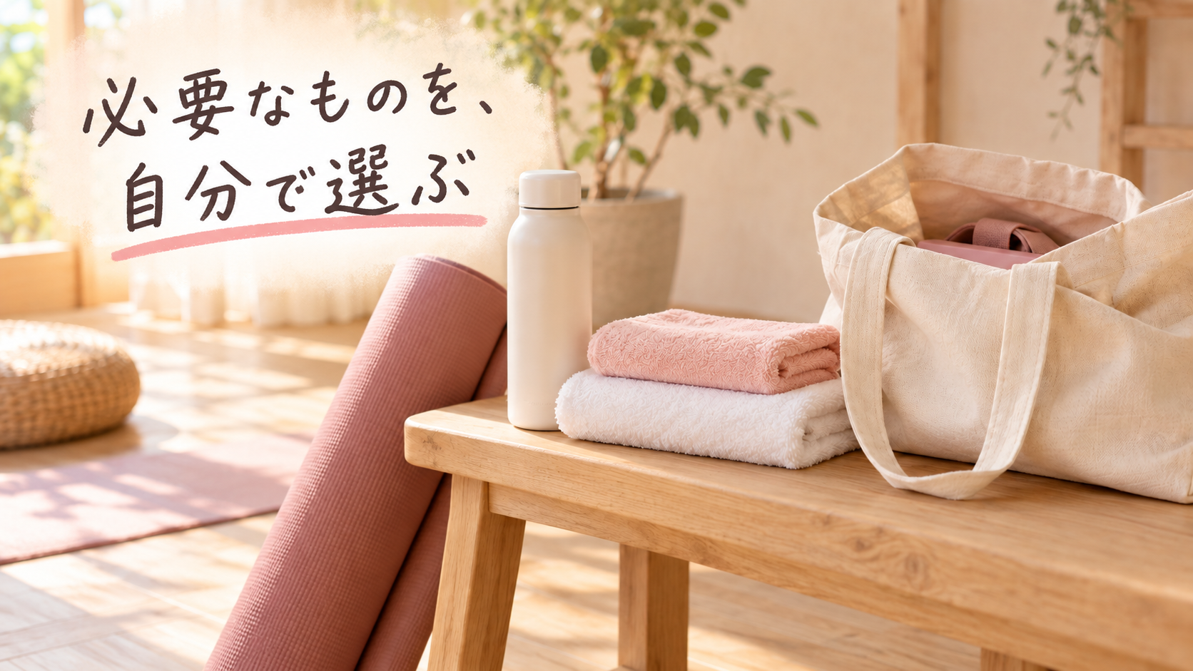 必要なものを、自分で選ぶ。ヨガに持参する水筒とタオル、バッグのイメージ